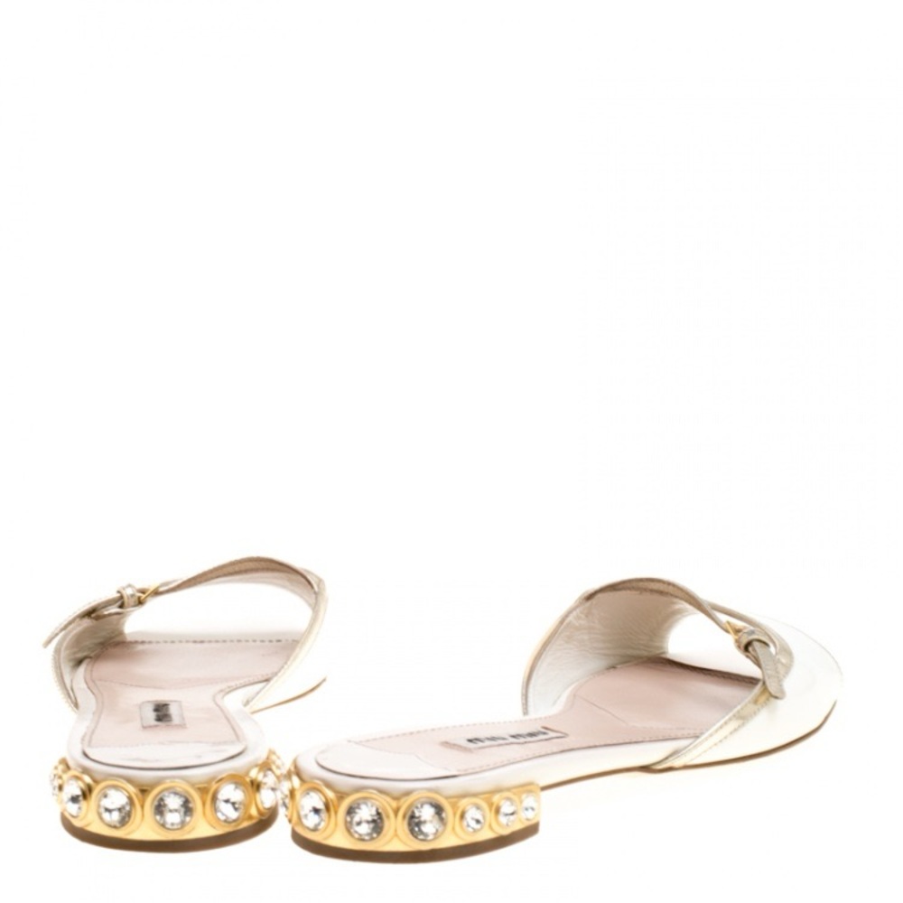 Miu Miu White Patent Leather Peep Toe Crystal Embellished Heel Flat Slides - Picture 3 of 6